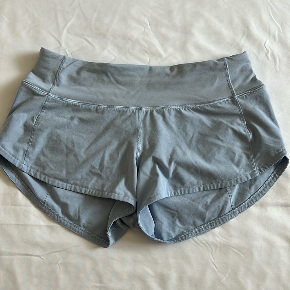 Lululemon women’s Speed Up shorts low rise, 2.5”, size 2.. light blue.